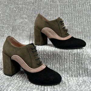 L'Autre Chose Olive, Black Italian Suede Leather Stack Heel Ankle Boot Bootie 36